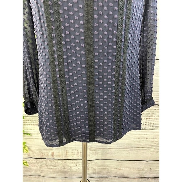 J Crew Blouse size 0 Navy Blue Lace Dotted Sheer Boho Peasant Prairie Modest - Picture 6 of 10